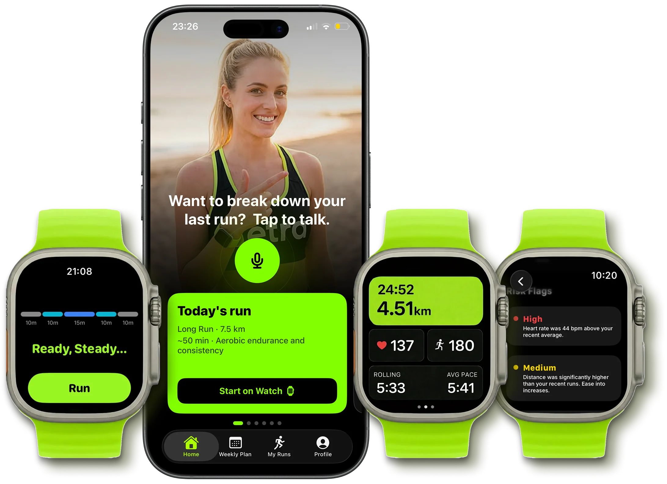 The Zetra iPhone app with your coach and today's run, alongside Apple Watch screens for guided intervals, live run metrics and post-run risk flags