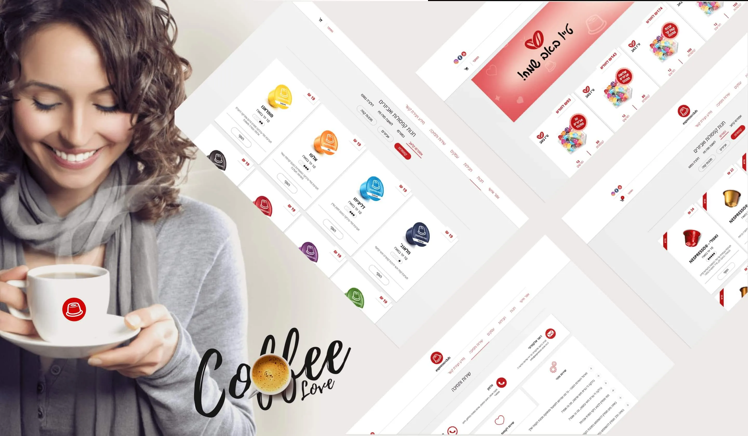 Espresso Club digital platform showcase — app screens and website