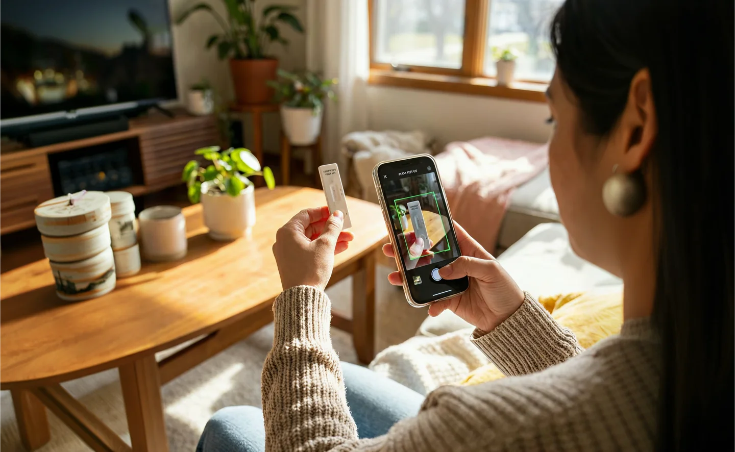Person at home scanning a rapid test with their smartphone